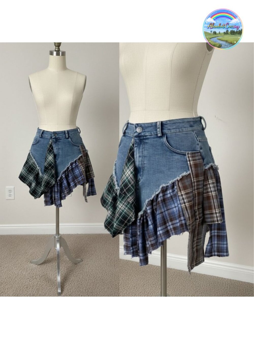 Plaid Patchwork Denim Mini Skirt